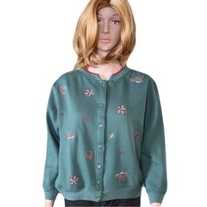 Shenanigans Vintage Fleece Cardigan Petite Embroidered Leaves Cottagecore